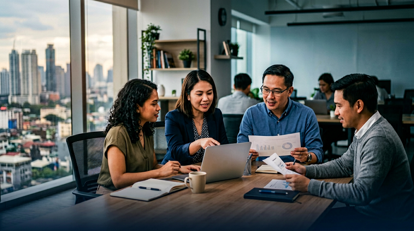 Filipino professionals in a modern financial workspace — inclusive finance